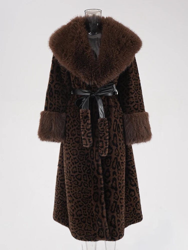 Brown Leoppard Print Big Size Long Faux Fur Jacket New Lapel Long Sleeve Women Coat Fashion Autumn Winter 2025 CPG2454