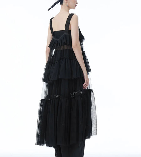 Women Black Mesh Perspective Big Size Strap Dress New Square Collar Sleeveless Fashion Tide Spring Summer 2025 1DJ1242