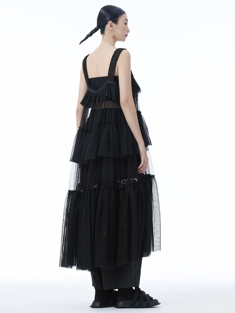 Women Black Mesh Perspective Big Size Strap Dress New Square Collar Sleeveless Fashion Tide Spring Summer 2025 1DJ1242