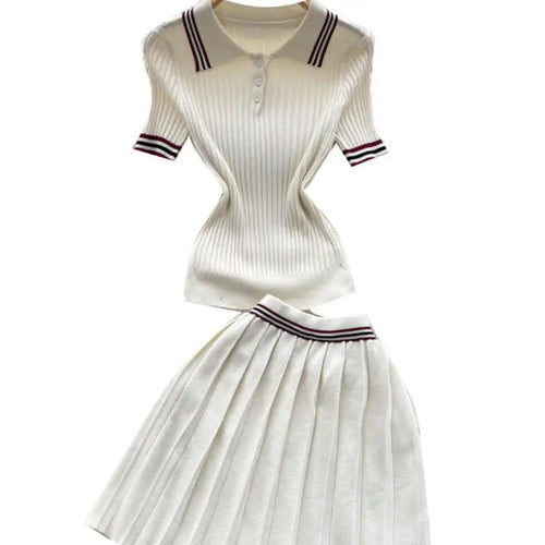 Load image into Gallery viewer, Summer Beige Stripe Short Sleeve Button Knitted Tops + High Waist Pleated Mini Skirt Women College Style Sexy Two-piece Set Chic
