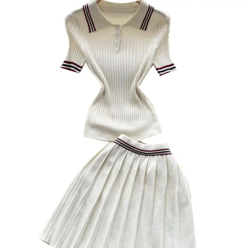 Summer Beige Stripe Short Sleeve Button Knitted Tops + High Waist Pleated Mini Skirt Women College Style Sexy Two-piece Set Chic