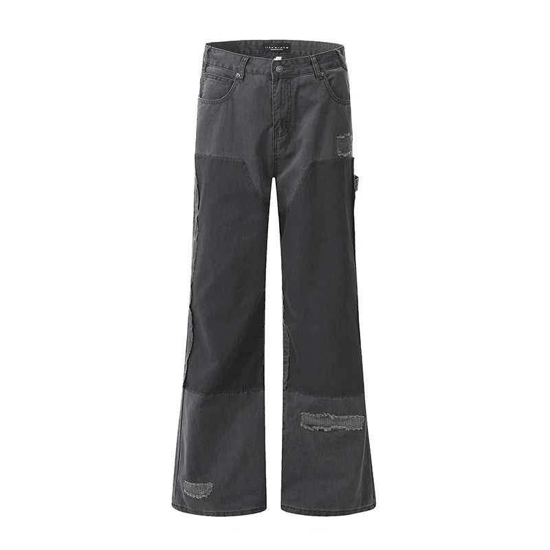 American Men's Cargo Jeans Straight Wide Leg Trendy Hole Solid Color Stylish Pockets Male Causal Bottoms Summer 9W1894