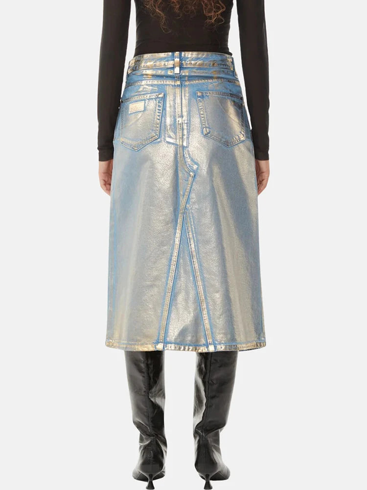 Colorblock Glossy Minimalist Denim Skirts For Women High Waist Splicd Pockets Temperament A Line Skirt Female Fashion Style