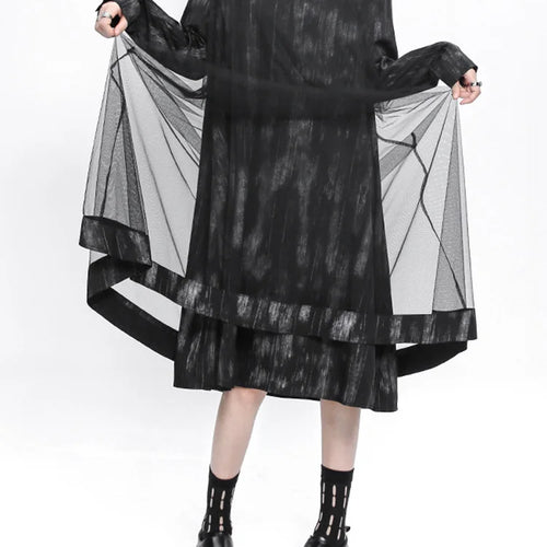 Load image into Gallery viewer, Women Black Hollow Out Mesh Spliced Big Size Dress New Stand Collar Long Sleeve Fashion Tide Spring Autumn 2025 1DJ0051
