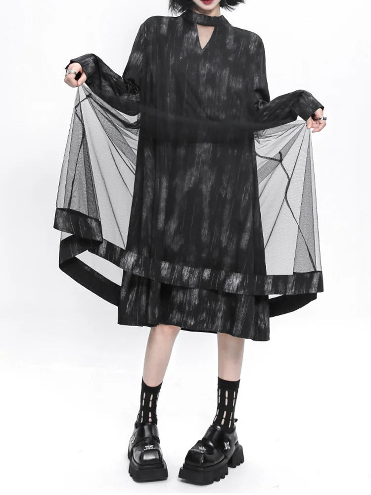 Women Black Hollow Out Mesh Spliced Big Size Dress New Stand Collar Long Sleeve Fashion Tide Spring Autumn 2025 1DJ0051