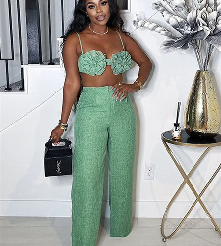 Beach Style 2 Piece Set Women Ruched 3D Flower Bra Tops+Button Waist Straight Pants Fashion Sexy Trend Vacation Outfits