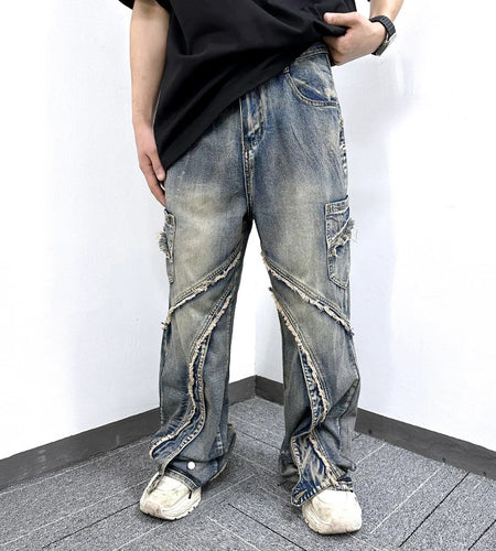 Male Jeans Summer New American High Street Edge Design Splicing Trendy Straight Leg Casual Patchwork Men's Pants 9W1866
