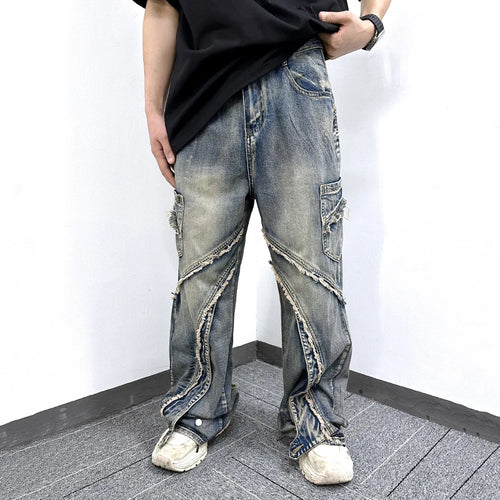 Load image into Gallery viewer, Male Jeans Summer New American High Street Edge Design Splicing Trendy Straight Leg Casual Patchwork Men's Pants 9W1866
