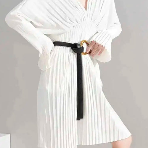 Load image into Gallery viewer, Women White Pleated Elegant Big Size Midi Shirt Dress New V-Neck Long Flare Sleeve Fashion Tide Spring Autumn 2025 1W3260
