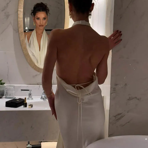 Load image into Gallery viewer, Satin Deep V Neck Backless Sexy Maxi Dress Women Elegant Halter Sleeveless Lace-up High Waist Draped Ruched Long Dress
