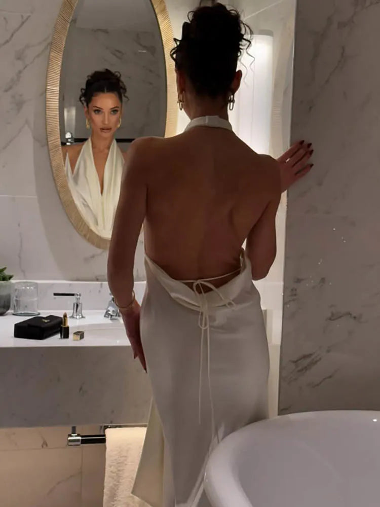 Satin Deep V Neck Backless Sexy Maxi Dress Women Elegant Halter Sleeveless Lace-up High Waist Draped Ruched Long Dress