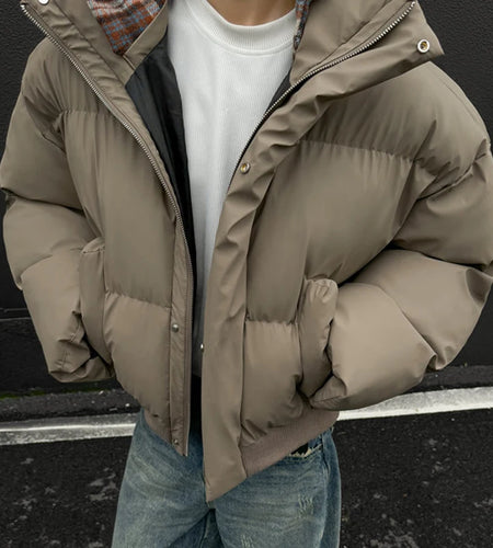 Korean Style Men's Padded Jackets Hooded Plaid Woolen Patchwork Contrast Color Detachable Hat Casual Male Coats New 9C9088