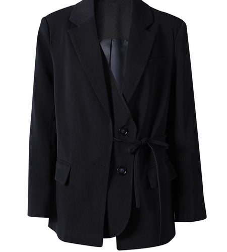 Women Navy Blue Bandage Big Size Elegant Blazer New Lapel Long Sleeve Jacket Fashion Tide Spring Autumn 2025 1DH7507