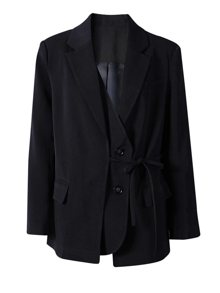 Women Navy Blue Bandage Big Size Elegant Blazer New Lapel Long Sleeve Jacket Fashion Tide Spring Autumn 2025 1DH7507