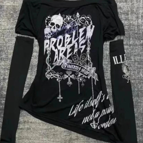 Load image into Gallery viewer, Fashion Y2k Aesthetic Oversleeve T-Shirts Slash Neck Gothic Skull Letter Print T Shirt Punk Harajuku Irregular Tees Streetwear
