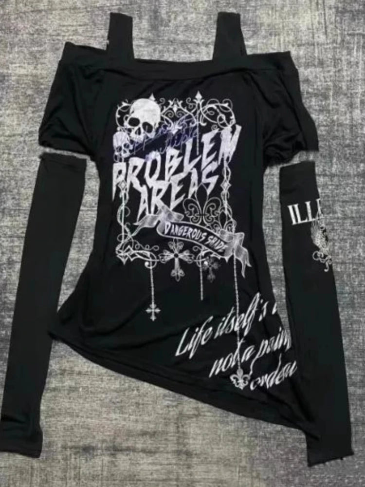 Fashion Y2k Aesthetic Oversleeve T-Shirts Slash Neck Gothic Skull Letter Print T Shirt Punk Harajuku Irregular Tees Streetwear