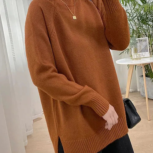 Load image into Gallery viewer, Women Mock Neck Pullovers Sweater High Quality Oversized Jumper Split Fall Winter Clothes Beige Purple Green 8 Colors  C-114

