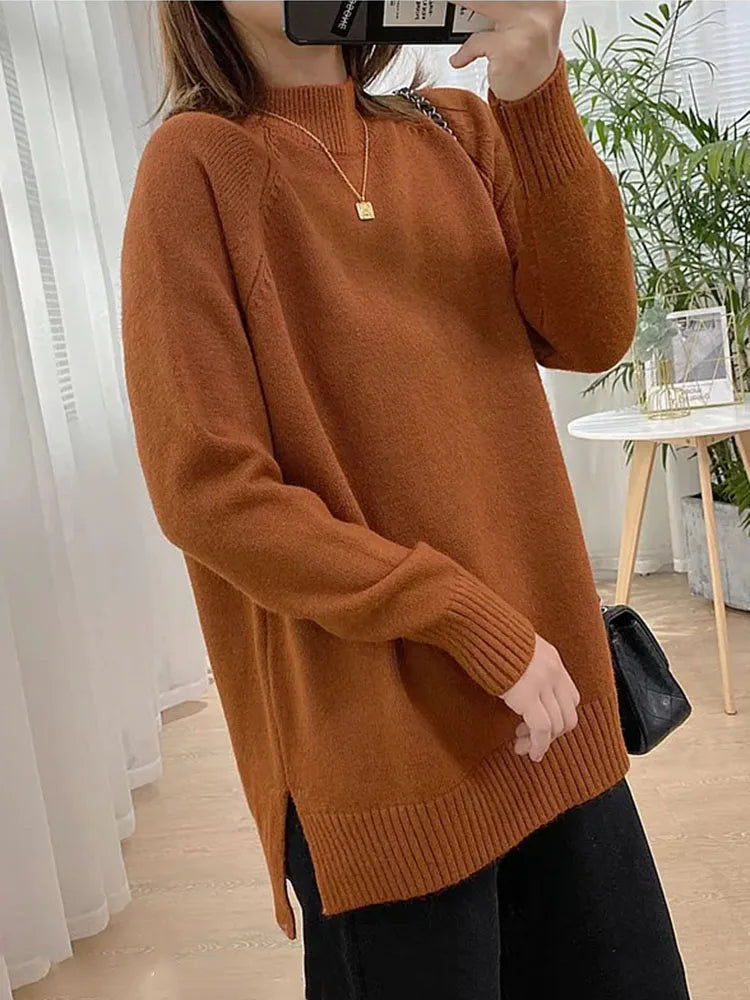 Women Mock Neck Pullovers Sweater High Quality Oversized Jumper Split Fall Winter Clothes Beige Purple Green 8 Colors  C-114
