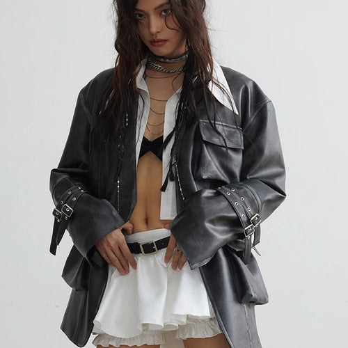 Load image into Gallery viewer, Loose Fit Black Pocket Big Size PU Leather Jacket New Lapel Long Sleeve Women Coat Fashion Tide Spring Autumn 2025 1DH2883
