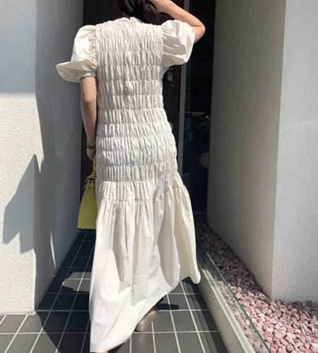 Patchwork Ruched Elastic Dress For Women Round Neck Puff Short Sleeves Loose Midi Dresses Female 2022 Spring Fashion Clothes