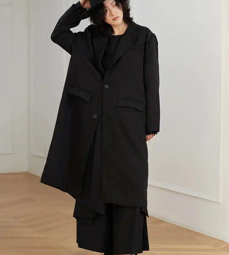 Women Black Big Size Long Casual Blazer New Lapel Long Sleeve Loose Fit Jacket Fashion Tide Spring Autumn 2025 1DH0063