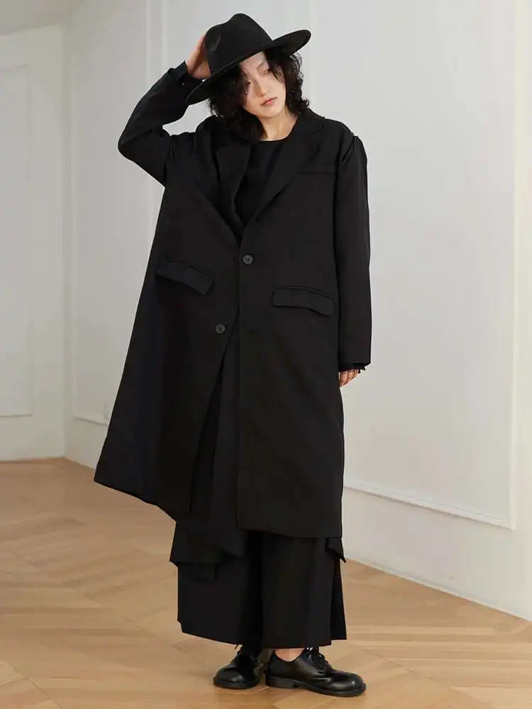Women Black Big Size Long Casual Blazer New Lapel Long Sleeve Loose Fit Jacket Fashion Tide Spring Autumn 2025 1DH0063