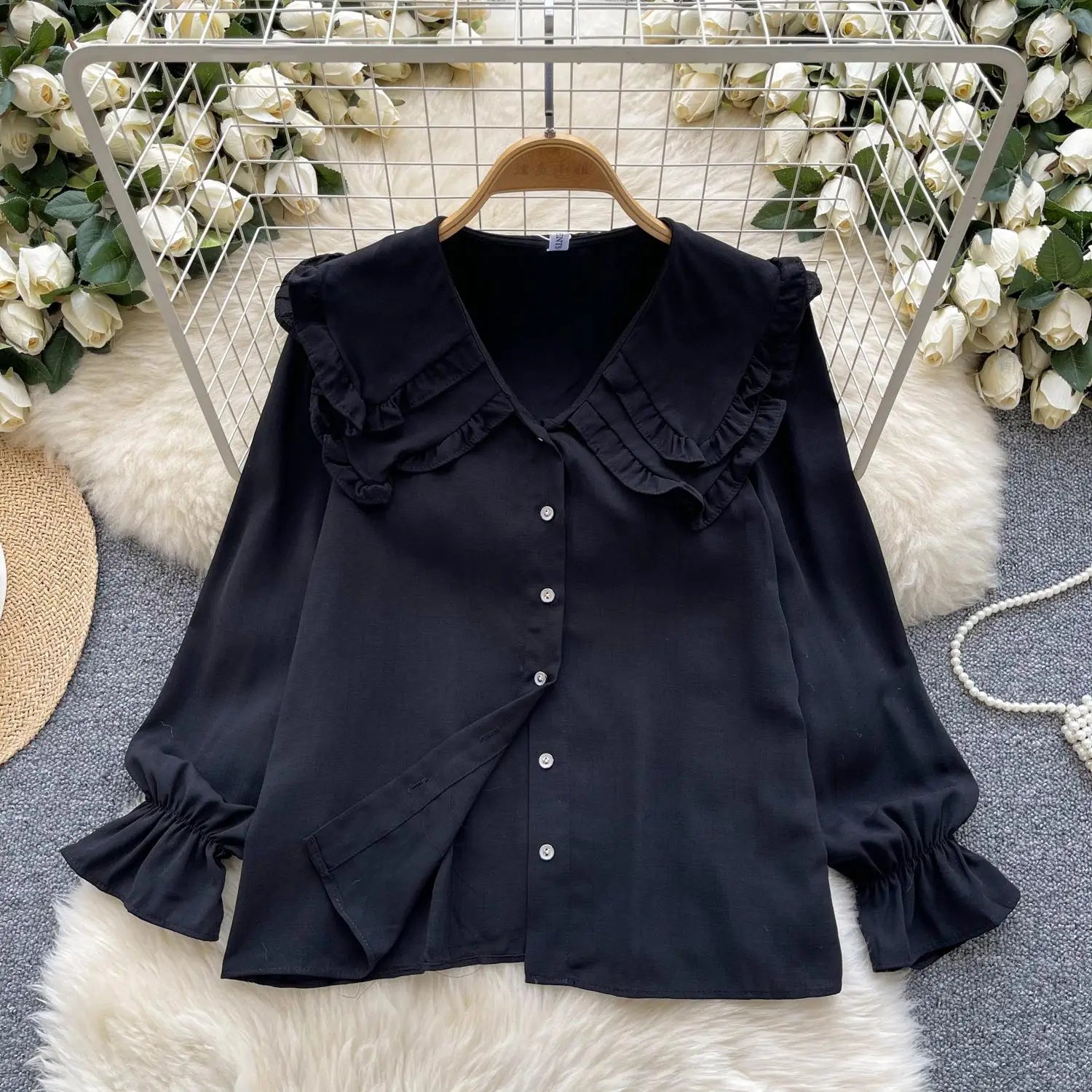 Autumn 2024 Vintage Women Sweet Solid Ruffles Shirts Fashion Ladies Long Sleeves Blouses Chic Single Breasted Tops Clothes Chic