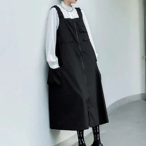 Load image into Gallery viewer, Women Black Pockets Drawstring Big Size Strap Dress New Square Collar Sleeveless Fashion Tide Spring Autumn 2025 1DH9934
