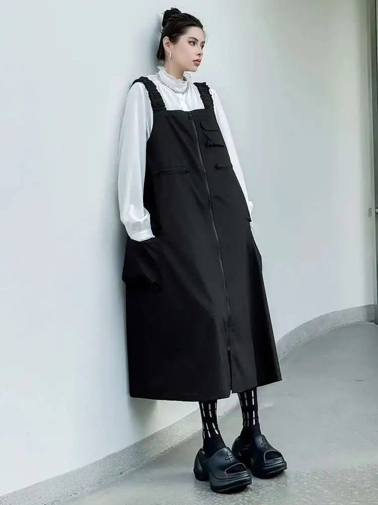 Women Black Pockets Drawstring Big Size Strap Dress New Square Collar Sleeveless Fashion Tide Spring Autumn 2025 1DH9934