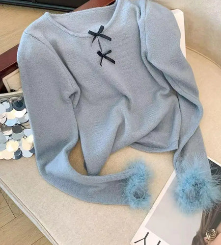 Autumn Winter Blue Bow Long Sleeves Knitted Sweater French Fashion Women's Grey Round Neck Elegant Short Tops Streetwear Trendy