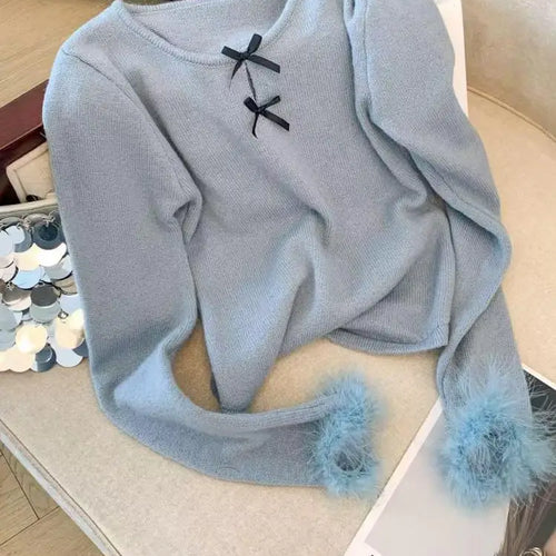 Load image into Gallery viewer, Autumn Winter Blue Bow Long Sleeves Knitted Sweater French Fashion Women's Grey Round Neck Elegant Short Tops Streetwear Trendy

