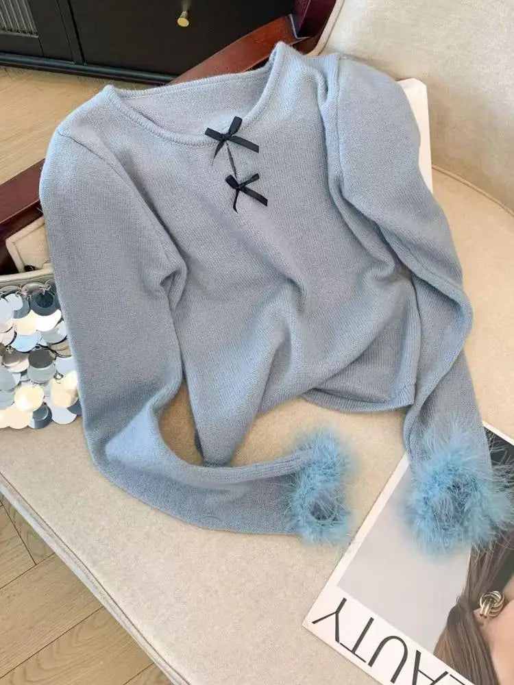 Autumn Winter Blue Bow Long Sleeves Knitted Sweater French Fashion Women's Grey Round Neck Elegant Short Tops Streetwear Trendy