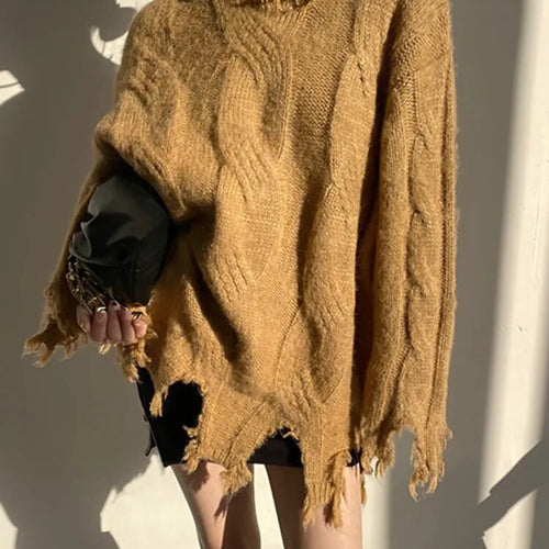 Load image into Gallery viewer, Raw Hem Spliced Tassel Knitting Sweaters For Women Diagonal Collar Long Sleeve Loose Casual Pullover Sweater Female
