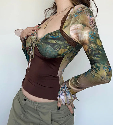 2000s Crop Top Vintage Aesthetic Graphic Floral Flared Long Sleeve T Shirts y2k Women Grunge Fairy Print Tee Streetwear