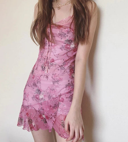 Sweety Floral Printed Lace Patchwork Strap Dress Women Summer Holiday With Frill Trim Sundress Y2K Aesthetic Cutecore