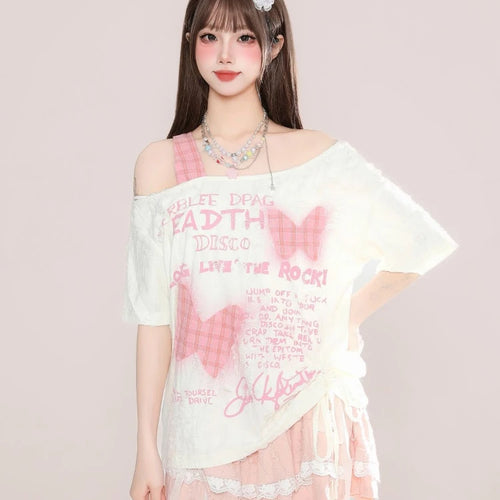 Load image into Gallery viewer, Skew Collar Off Shoulder Plaid Patchwork T Shirts Women Summer Butterfly Printing T-skirt Harajuku Casual Grunge Drawstring Tops
