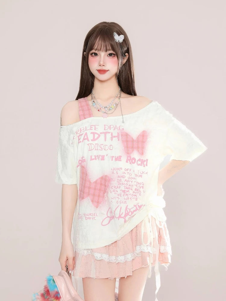 Skew Collar Off Shoulder Plaid Patchwork T Shirts Women Summer Butterfly Printing T-skirt Harajuku Casual Grunge Drawstring Tops