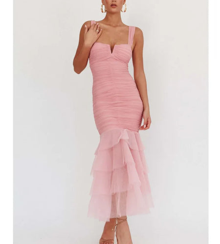 Elegant Mesh Patchwork Ruffle Pleated Dress Women Sexy Sleeveless Backless Layered Party Club Evening Dress Summer 2025