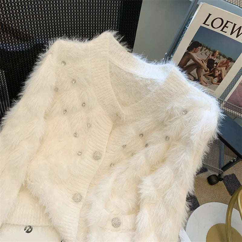 Autumn Winter French White Diamond Elegant Knitted Cardigan Tops Women's Pink V Neck Single Breasted Long Sleeve Mohair Sweater