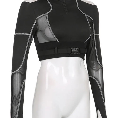 Load image into Gallery viewer, Grunge Patchwork Gauze Harajuku Crop Tops Women Y2k Aesthetic Zipper Slim Fit Tees Streetwear Vintage Fairy Hollow Out T-shirts
