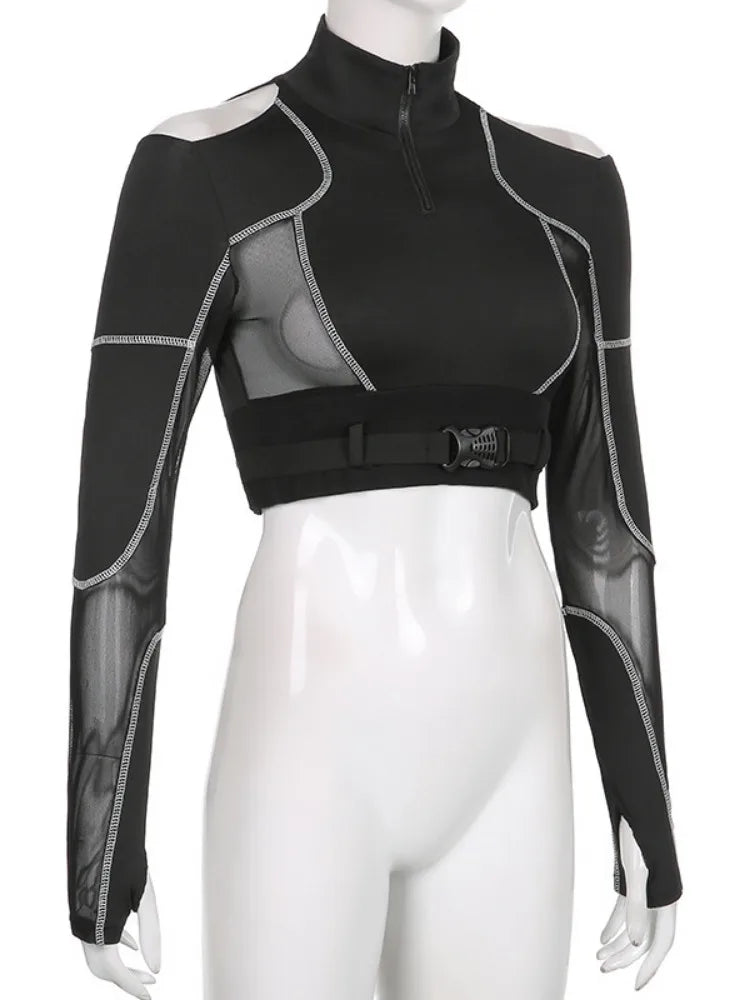 Grunge Patchwork Gauze Harajuku Crop Tops Women Y2k Aesthetic Zipper Slim Fit Tees Streetwear Vintage Fairy Hollow Out T-shirts