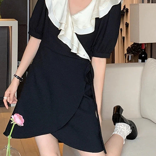 Load image into Gallery viewer, Ruffles Spell Color Lace-up Women Dresses Summer French Style Irregular High Street Puff Sleeve V-neck Chic Female Dress
