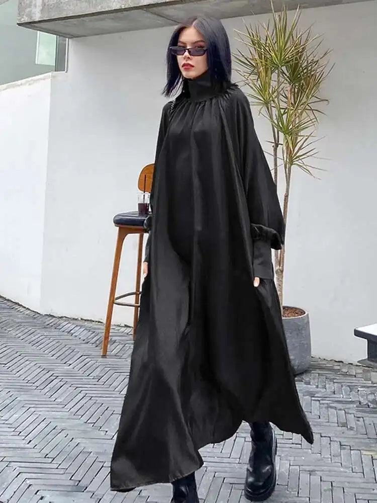 Women Gray Brief Long Big Size Elegant Dress New Turtleneck Long Sleeve Loose Fit Fashion Tide Spring Autumn 2025 1DH0252