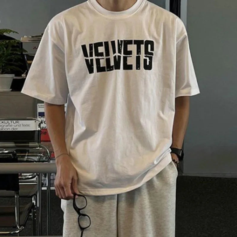 Korean Letter Printed Men's T-shirts Short Sleeve Round Neck Short Sleeve Top New Summer Loose T-shirt Trendy 9W1617