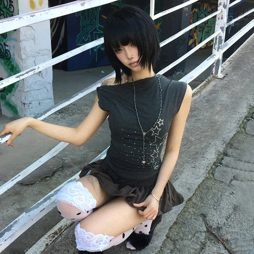 Load image into Gallery viewer, Japanese Y2k Off Shoulder T-shirt Trashy 2000s Style Rhinestones Sleeveless Top Vintage Harajuku Crop Top American Retro
