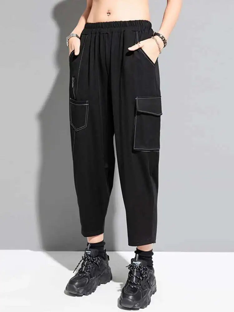 High Elastic Waist Black Color-block Long Harem Pants New Loose Fit Trousers Women Fashion Tide Spring Summer 2025 1DF8821