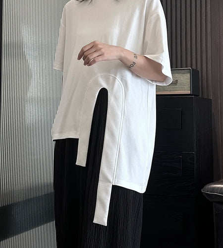 Women White Hem Irregular Spliced Big Size Casual T-shirt New Round Neck Short Sleeve Fashion Spring Summer 2025 1DH5508