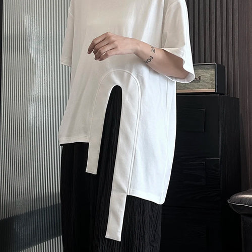 Load image into Gallery viewer, Women White Hem Irregular Spliced Big Size Casual T-shirt New Round Neck Short Sleeve Fashion Spring Summer 2025 1DH5508

