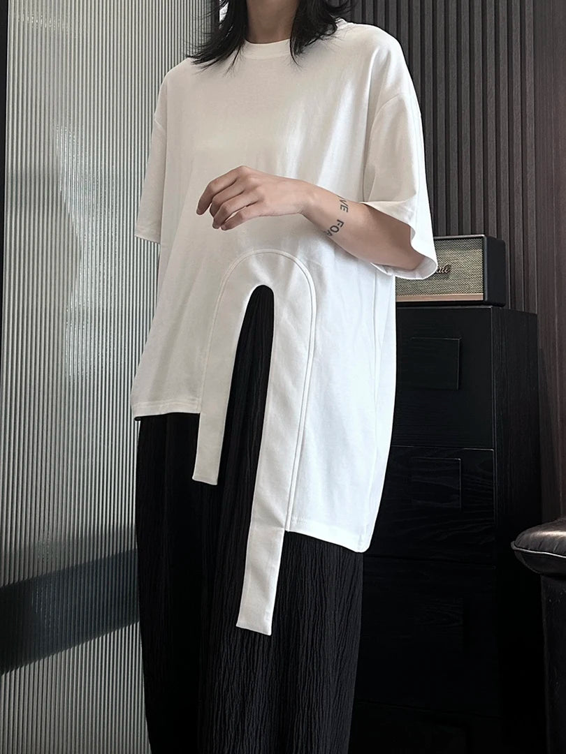 Women White Hem Irregular Spliced Big Size Casual T-shirt New Round Neck Short Sleeve Fashion Spring Summer 2025 1DH5508