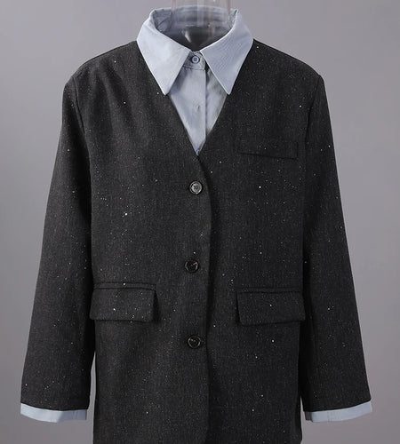 Women Black Color-block Big Size Elegant Blazer New Lapel Long Sleeve Jacket Fashion Tide Spring Autumn 2025 7AB8422